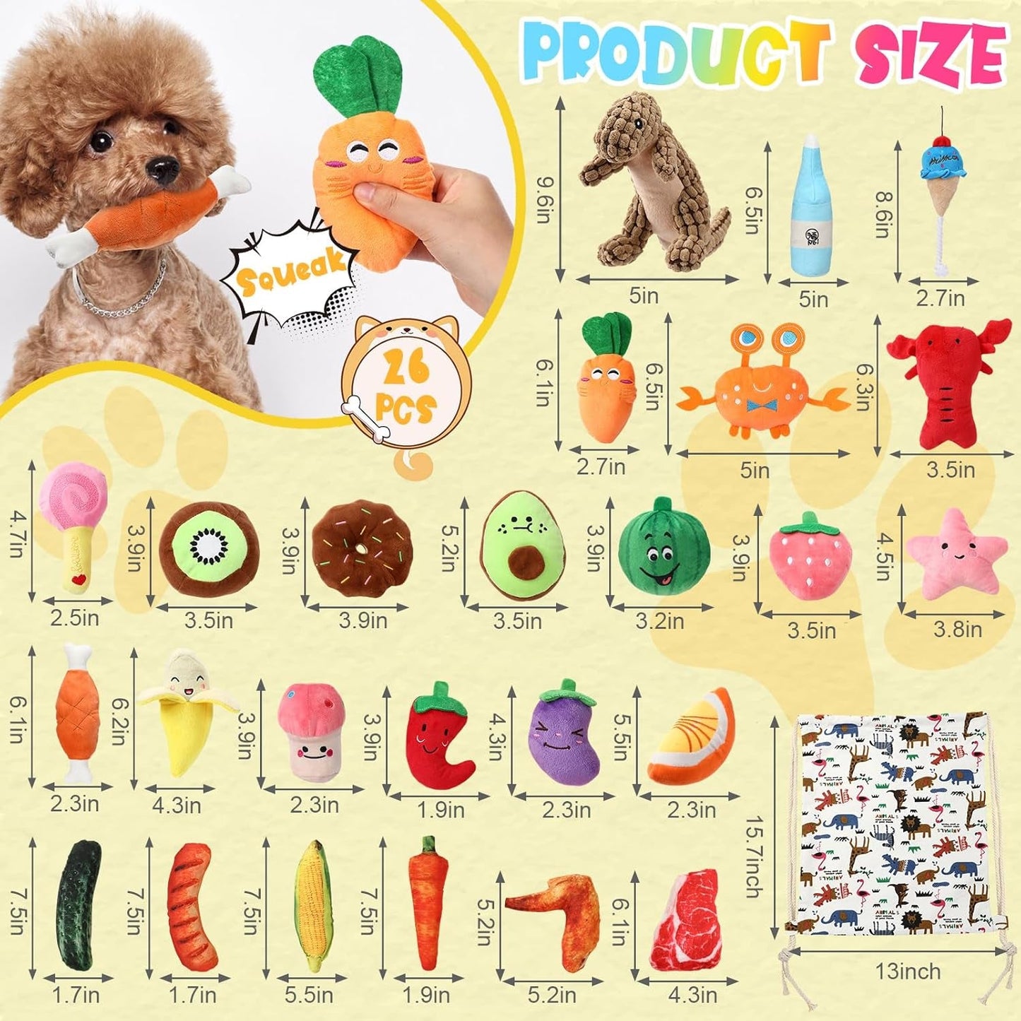 25 Pcs Plush Squeaky Dog Toys Set, Puppy Toys with Carry Bag Cute Characters for Small Dogs, Interactive Dog Squeak Toys for Fun Dog Teeth Cleaning