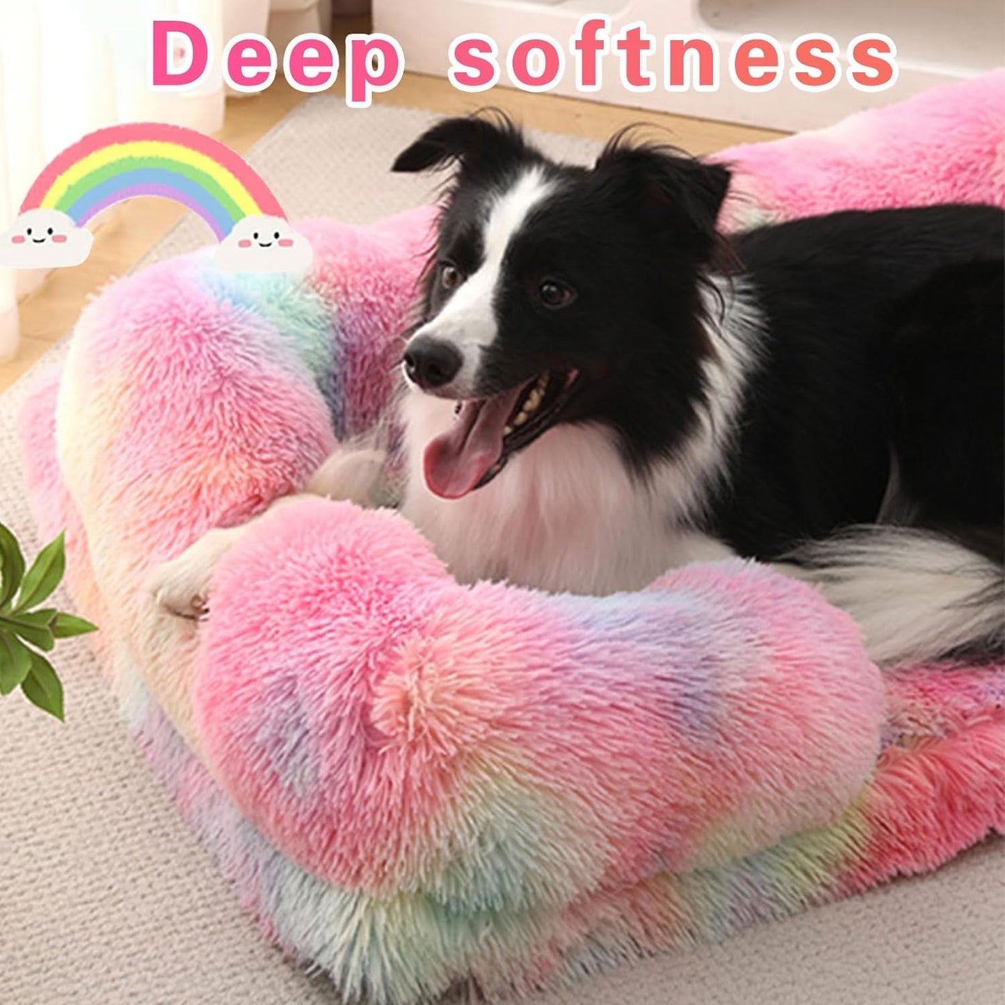 MIAO PAW Warming Fluffy Orthopedic Dog Beds for Large Dogs,Dog Bed with Plush Thick Egg Foam Support and Non-Slip Bottom,Large Waterproof and Machine Washable Pet Bed Cover (Rainbow)