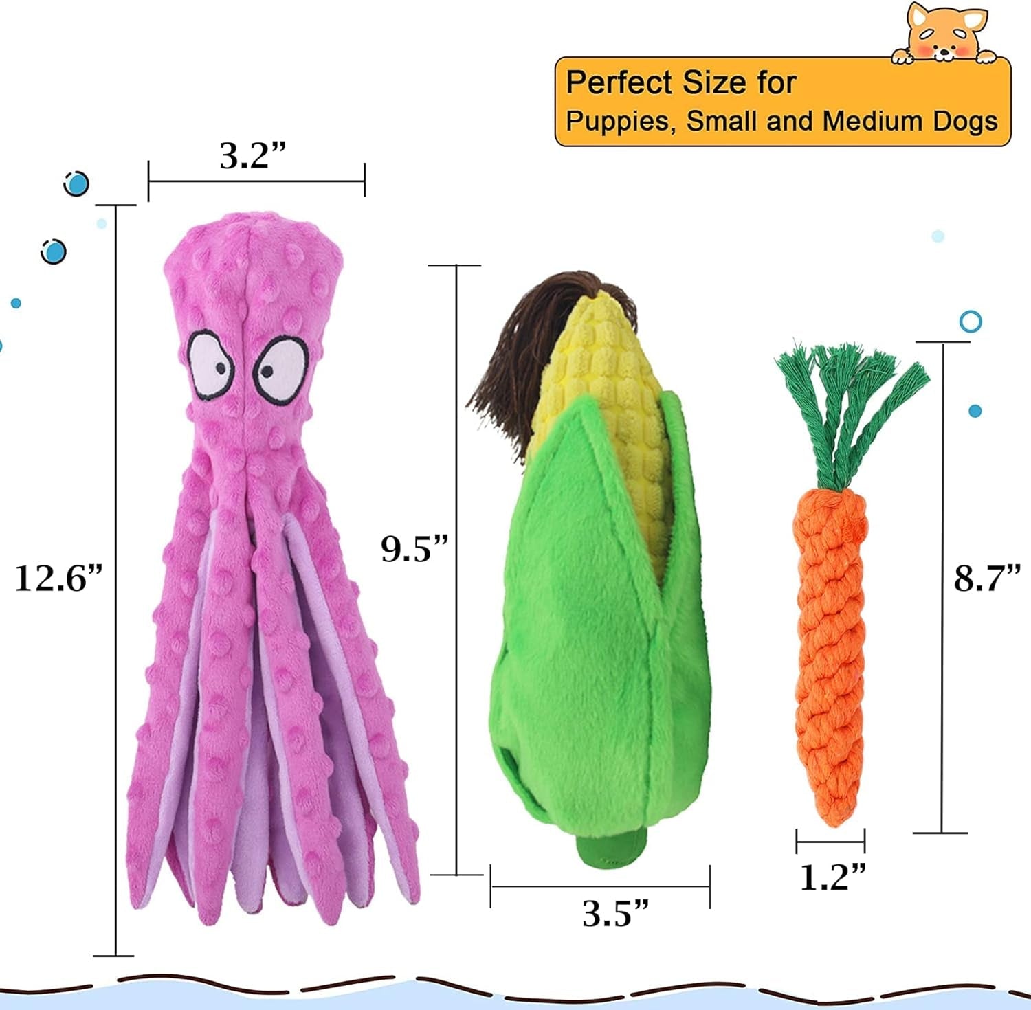 3 Pack Dog Squeaky Toys Octopus Corn-Crinkle Plush Dog Toys Squeaker inside for Puppy Teething, Durable Interactive Dog Chew Toys for Small to Medium Dogs Training Games Playing and Reduce Boredom