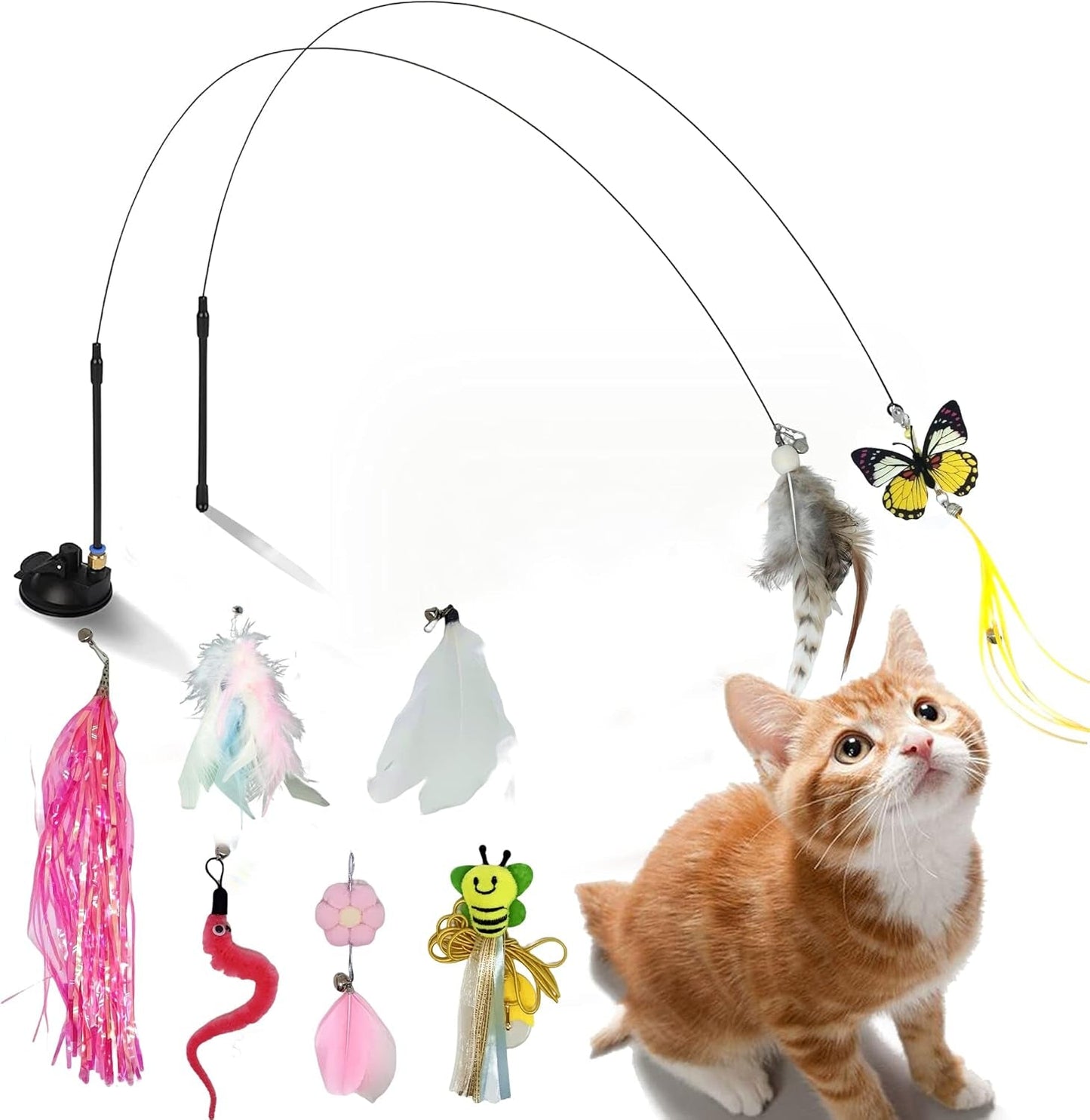 11Pcs Cat Toys Feather Teaser, Interactive Suction Cup Cat Toy Wand with Replaceable Kitten Toys for Indoor Cats to Play Chase Exercise