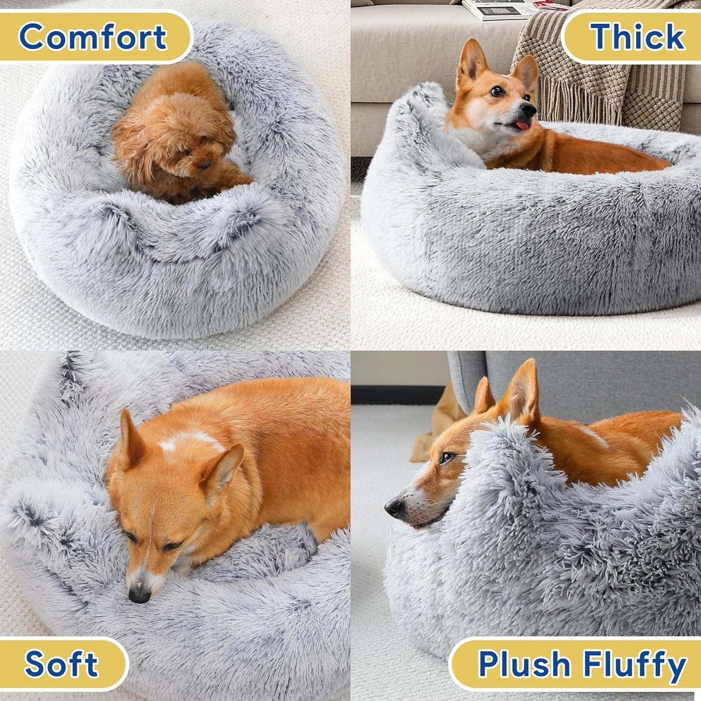 Calming Small Dog Bed, Donut Washable Dog Beds for Small Dogs, Anti-Anxiety Cute Soft Dog Bed with Anti-Slip round Fluffy Plush 20 Inchs Cat Puppy Bed, Light Grey