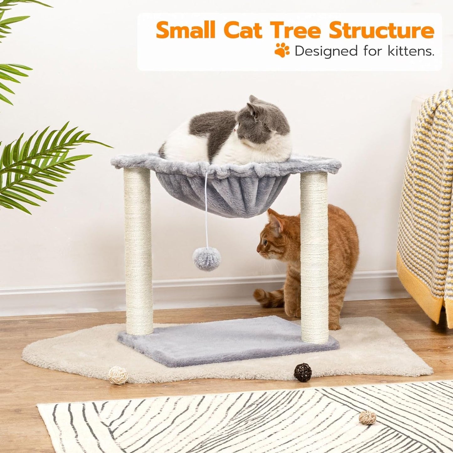 HOOBRO Cat Tree, Small Kittens Tower, 15.7 X 11.8 X 16.5 Inches, Hammock with Sisal Scratching Posts, Pet House Furniture, Light Gray LG08CT03