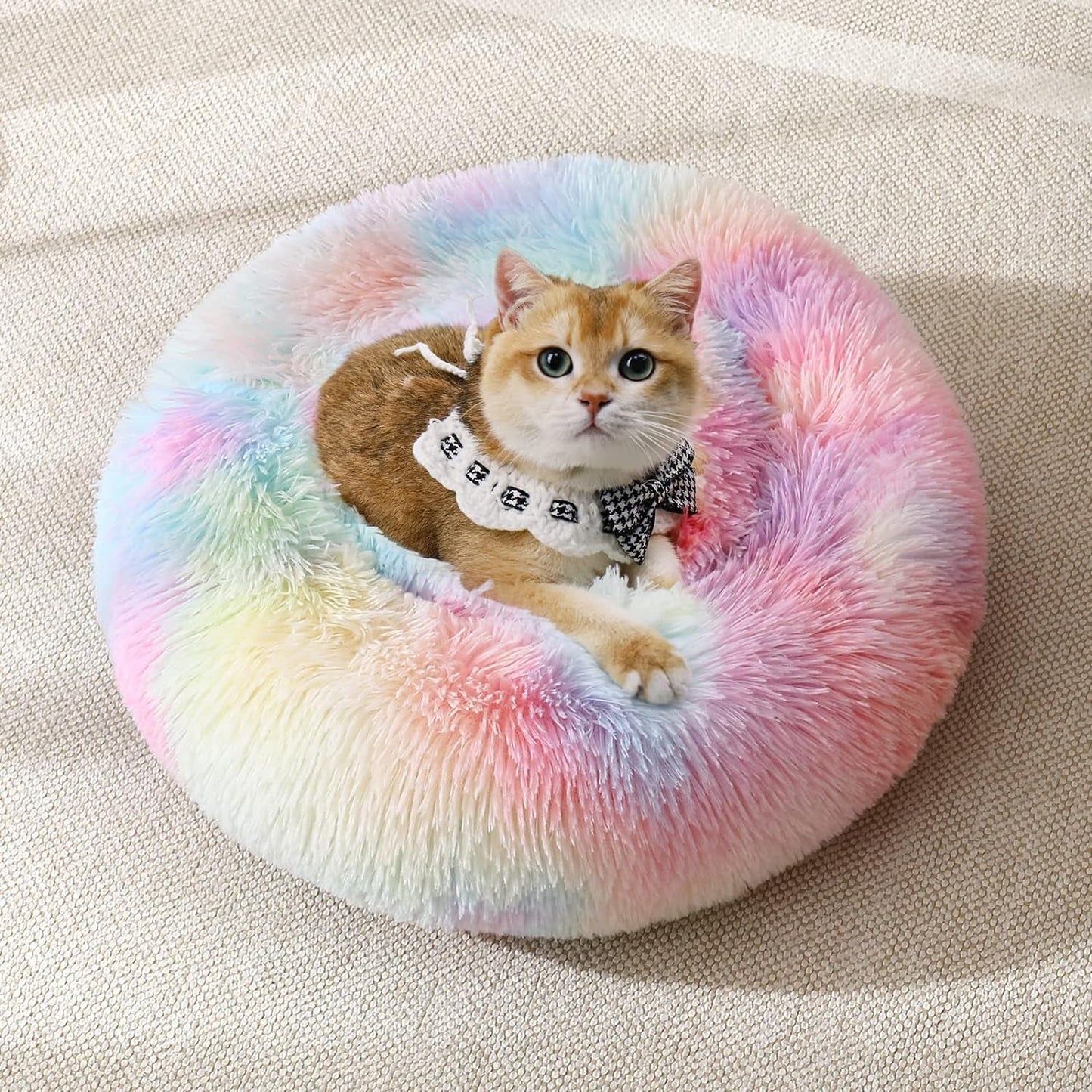 JOLLYVOGUE Calming Donut Dog Bed & Cat Bed, Anti-Anxiety Washable round Bed, Fluffy Dog Cuddler Bed, Cozy Dog Cat Cushion Bed for Small Puppy (20")