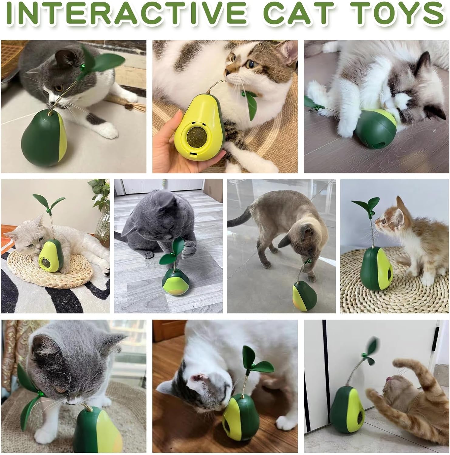 3-In-1 Interactive Cat Toys for Indoor Cats, Catnip Toys for Cats with Feather Cat Toy Wand & Cat Treat Dispenser, Tumbler Avocado Cat Puzzle Feeder, Funny Kitten Toys