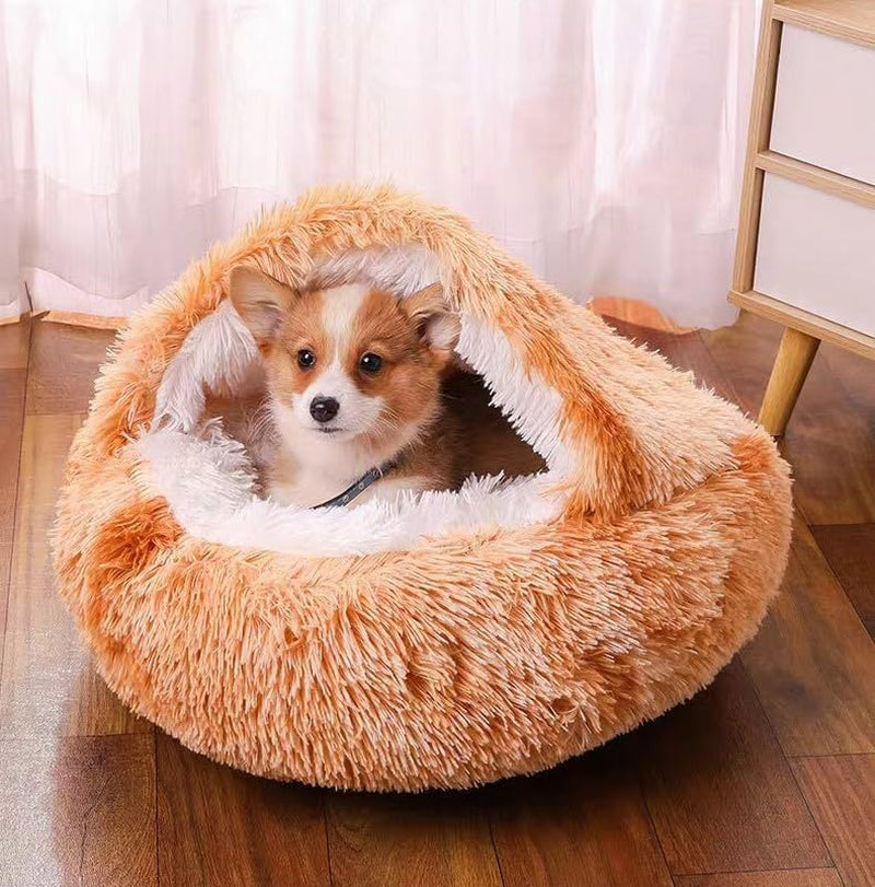 Fluffy Hooded round Cat Bed Cave with Hooded Blanket for Indoor Cats, Dog Beds for Small Dogs, Anti-Anxiety, Cozy Cuddler Luxury Puppy Bed, Anti-Slip Bottom and Machine Washable