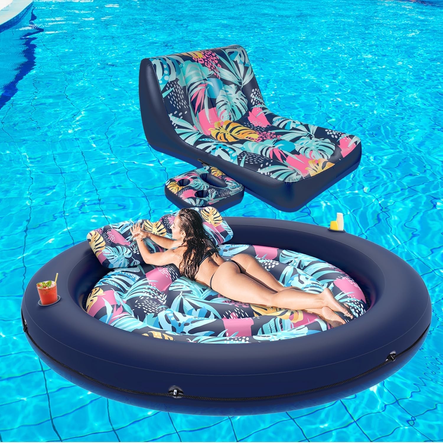 Hawaii Flower Pool Float Lounger, Inflatable Floating Chair with Cupholder Caddy, Heavy Duty Floaties Toys Adult Size for Swimming Pool, Lake, River