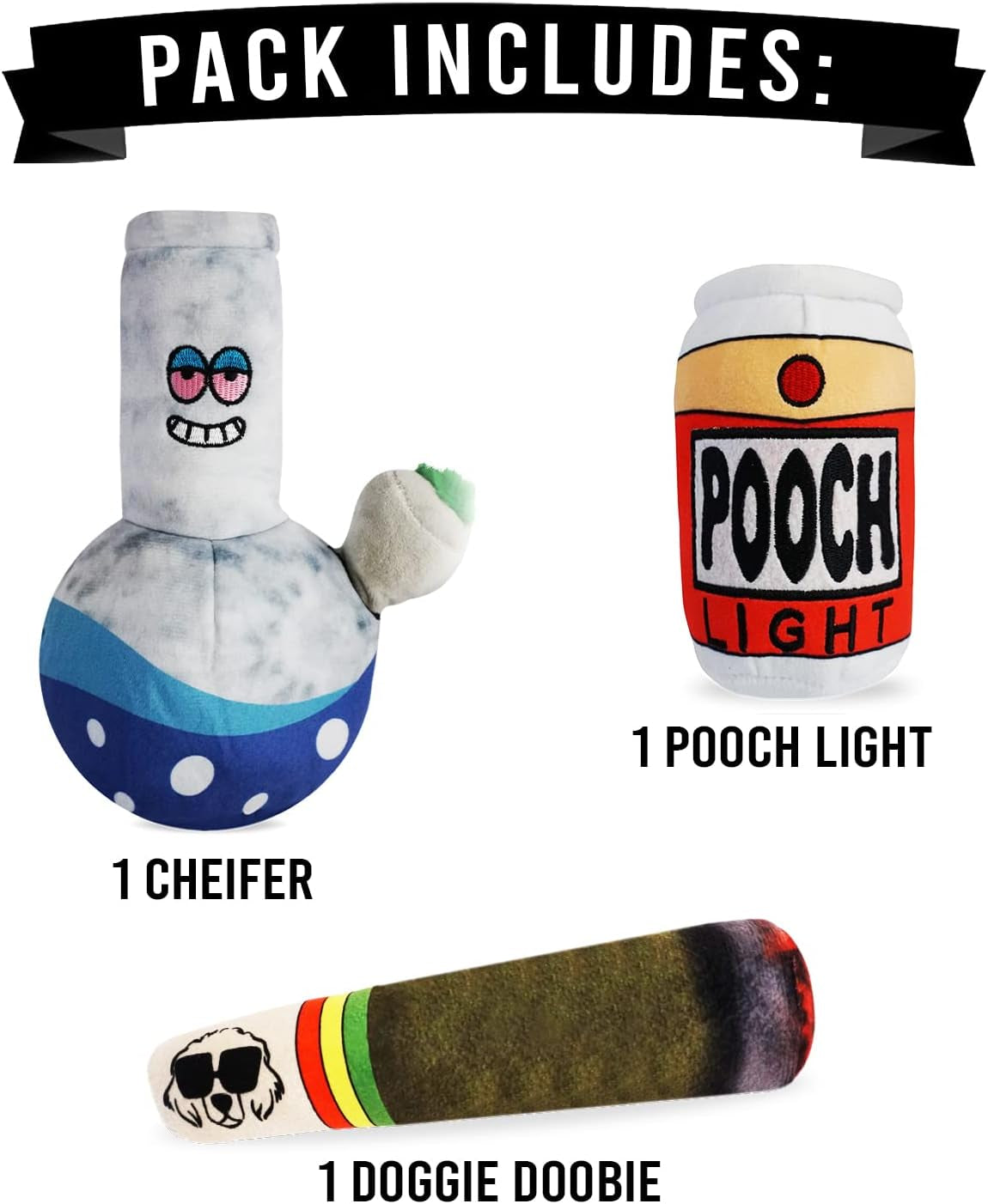 3 Pack Mellow Vibes Dog Plush Chew Toys - Funny Dog Beer and Weed Squeak Toys - Dog Gifts - Joint - Blunt - Marijuana – Pooch Light – Bong for All Breeds