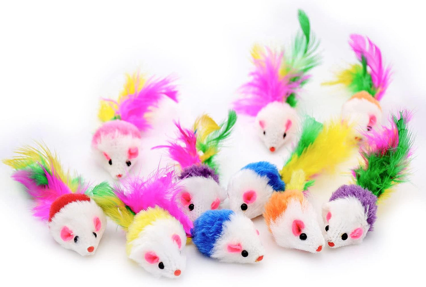 20 PCS Furry Cat Toys Squeak Mouse Rattle Mice Cat Catcher Pet Toys with Feather Tails (Random Color)