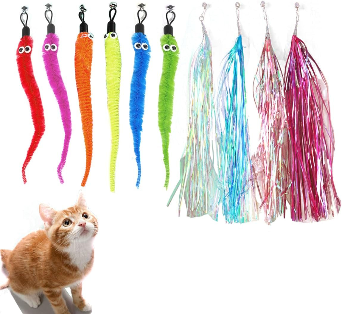 10-Pack of Vibrant Feathered Cat Toy Refills Feather Toys Refills,Cat Fishing Pole Toy for Bored Indoor Cats Chase and Exercise (Worm Tussel Refills)