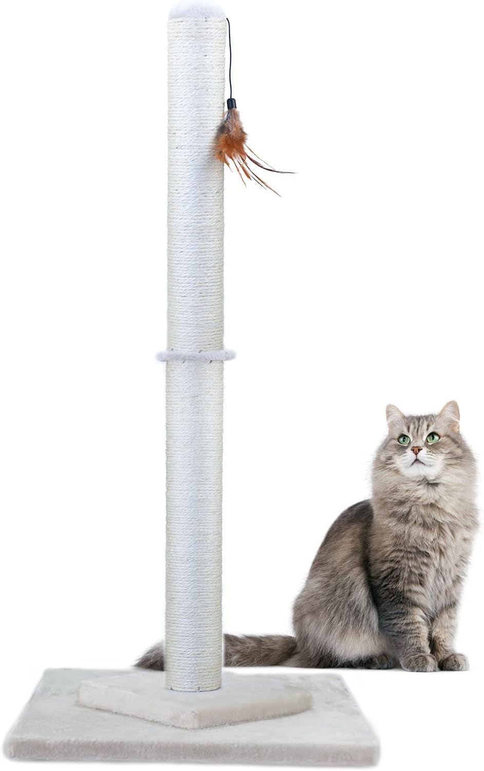 34" Tall Cat Scratching Post Double Base and Reinforcement Design,Sisal Scratch Posts Trees with Feather Toys for Indoor Cats(Beige