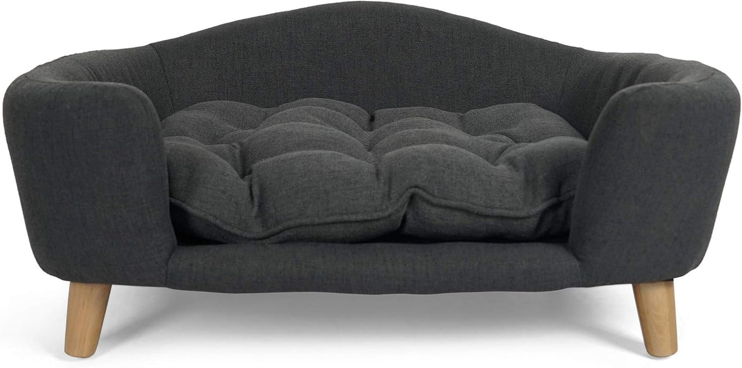 Gdfstudio Mid Century Small Plush Pet Bed, Dark Gray and Natural Finish