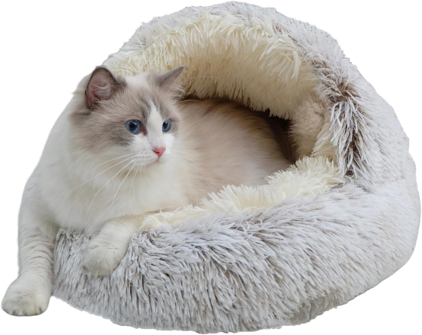 Calming round Dog Beds &Cat Cave Bed with Hooded Cover,Plush Fluffy Dog Bed Anti-Anxiety Cat Cave Bed,Waterproof Bottom Washable (Coffee, 20X20Inch)