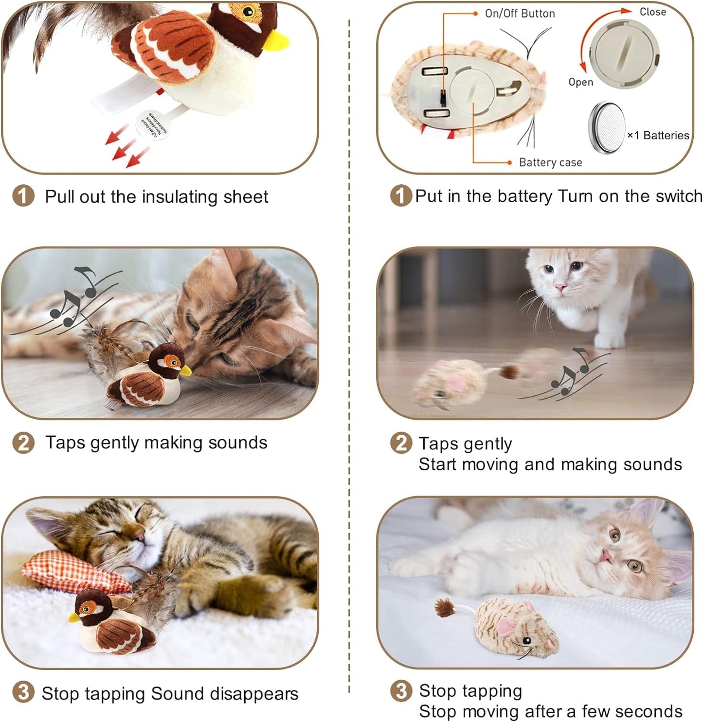 2 Pack Cat Toys Interactive for Indoor Cats Electric Moving Mouse & Chirping Bird Toys Set Squeak Sound Melody Chaser for Kitten to Play, Funning Exercise Feather Toys for Kitty