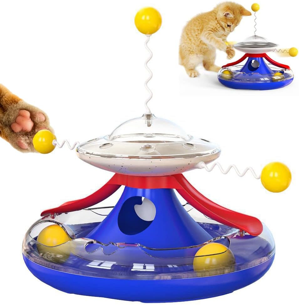 3 in 1 Interactive Cat Toys Balls Cat Fidget Spinner Treat Toys Windmill Cat Food Dispenser Toys Cat Slow Feeder Dry Food Cat Teaser Wand for Indoor Cats