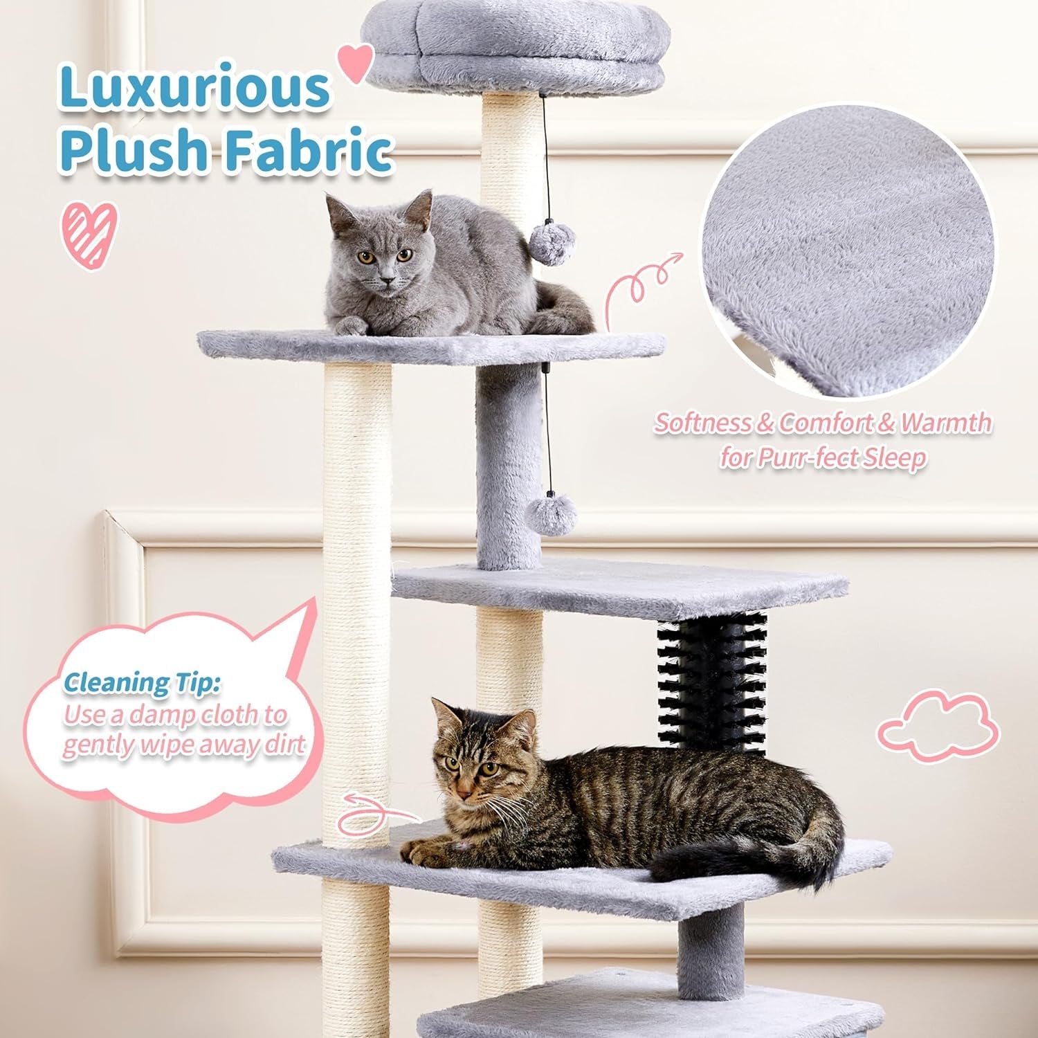 Made4Pets Cat Tree, 52.4" Tall Cat Tower for Indoor Cats, Multi-Level Large Cat Condo with Scratching Posts and Pompoms, Plush Kitten Climbing Tower with Cat Grooming Brush and Perch, Grey