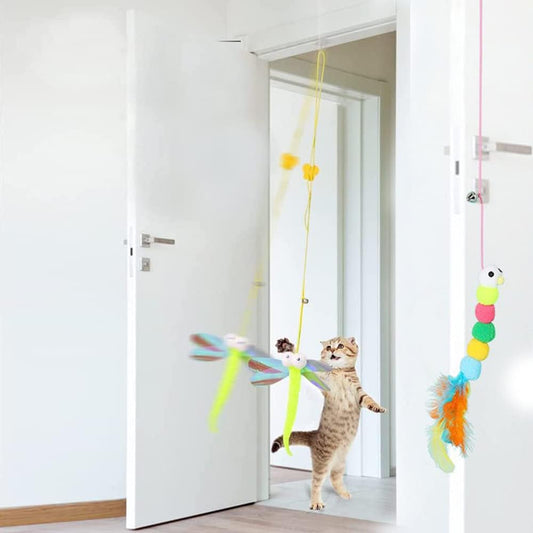 2PCS Retractable Cat Feather Toys，Hanging Interactive Cat Toys for Indoor Cats，Kitten Play Chase Exercise Kitten Play Pompom & Feather Teaser