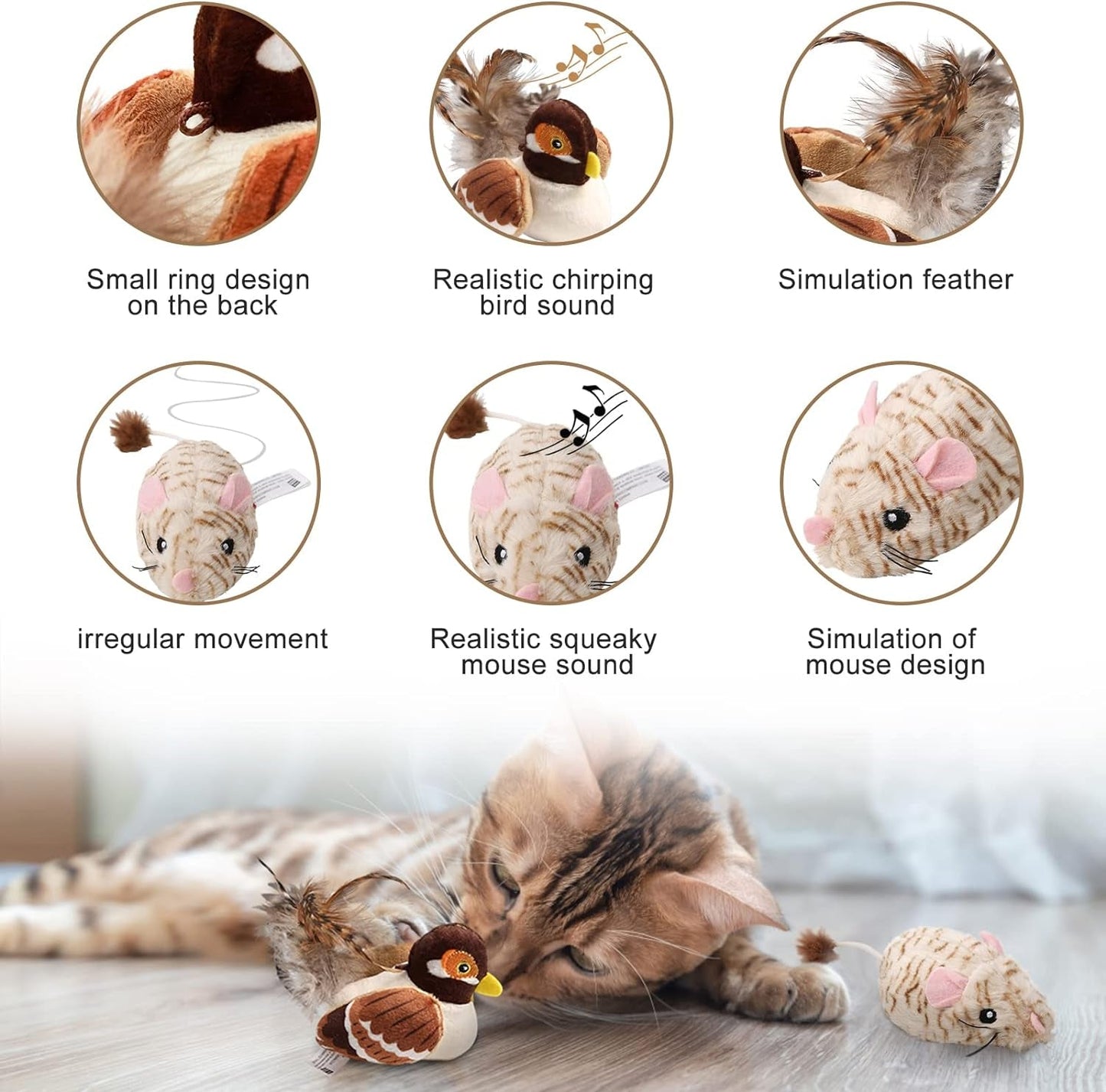 2 Pack Cat Toys Interactive for Indoor Cats Electric Moving Mouse & Chirping Bird Toys Set Squeak Sound Melody Chaser for Kitten to Play, Funning Exercise Feather Toys for Kitty