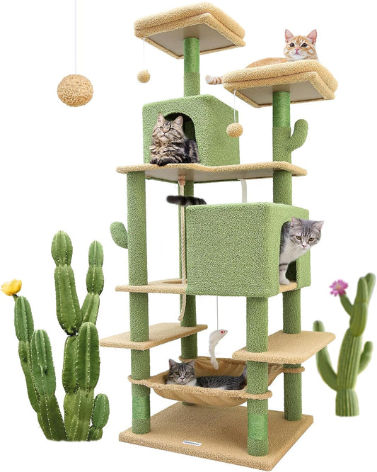 F76 Cactus Cat Tree, 76-Inch Cat Tower for Indoor Cats Cute Cat Tree Tall Cat Tower for Large Cats 20 Lbs Heavy Duty Cat Condo with Scratching Posts, Hammock for Adult Cats, Green