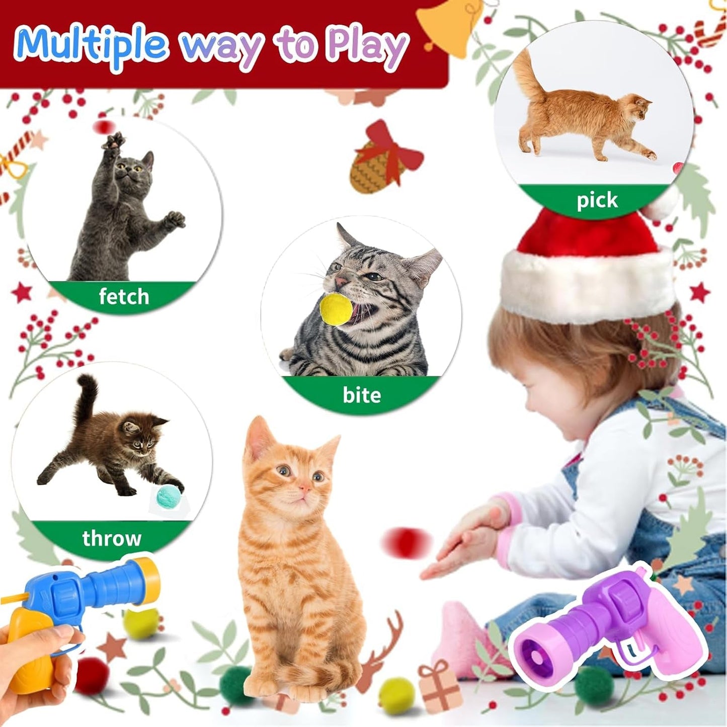 2 Cat Ball Launcher + 50Pcs 1.2’’Cat Toy Balls, Interactive Kitten Toys for Indoor Cats Self Play, Silent Plush Elastic Cat Ball Toy, Suitable for Training and Playing.