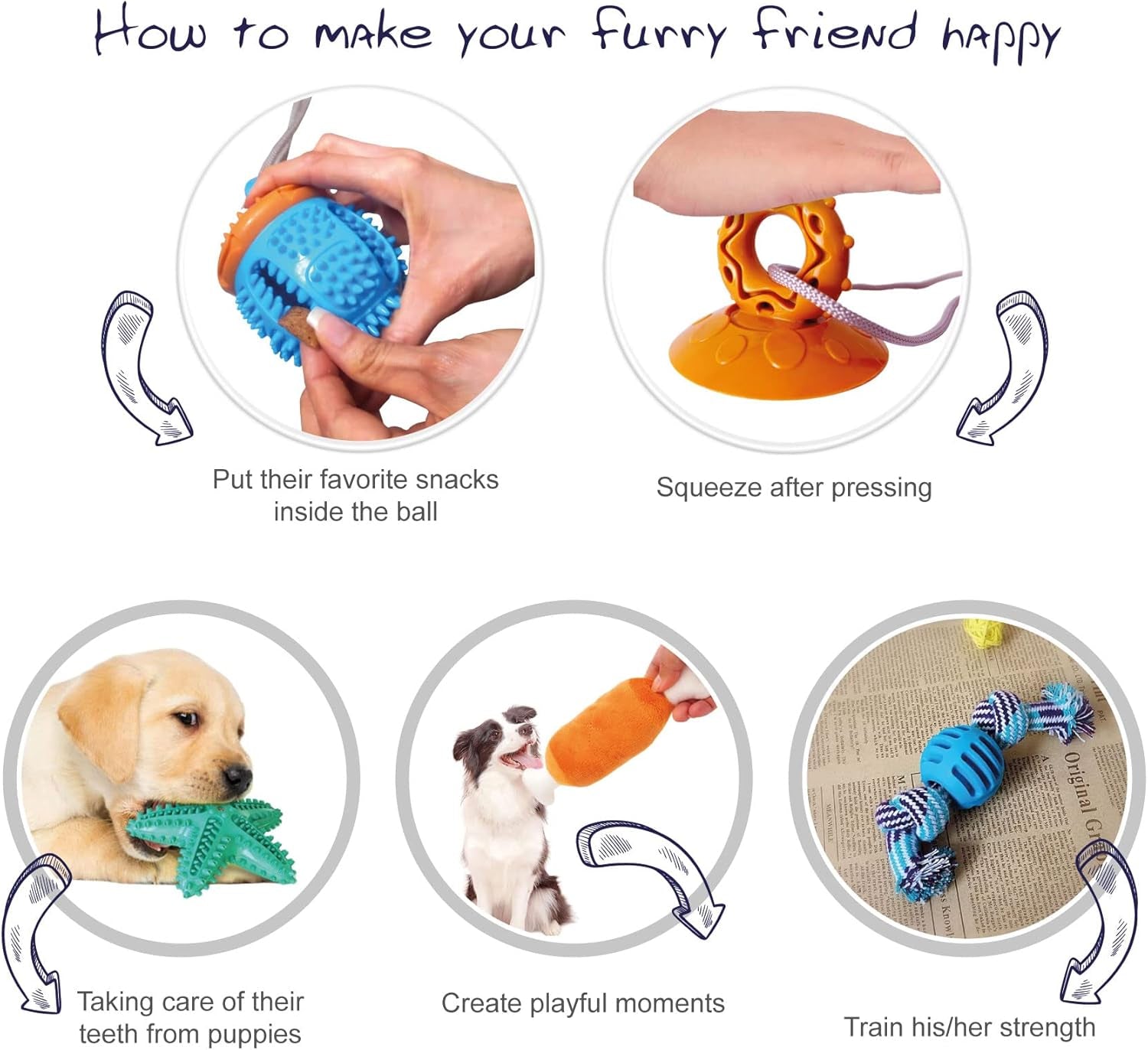 4 Pack-Interactive Toys for Dogs. Suction Cup Toy, Wind up Toy, Squeaking Chicken Leg, Rope to Pull, Teeth Cleaning, Food Dispensing, Squeeze, Chewing, Training Agility. Accessories for Most Puppies.