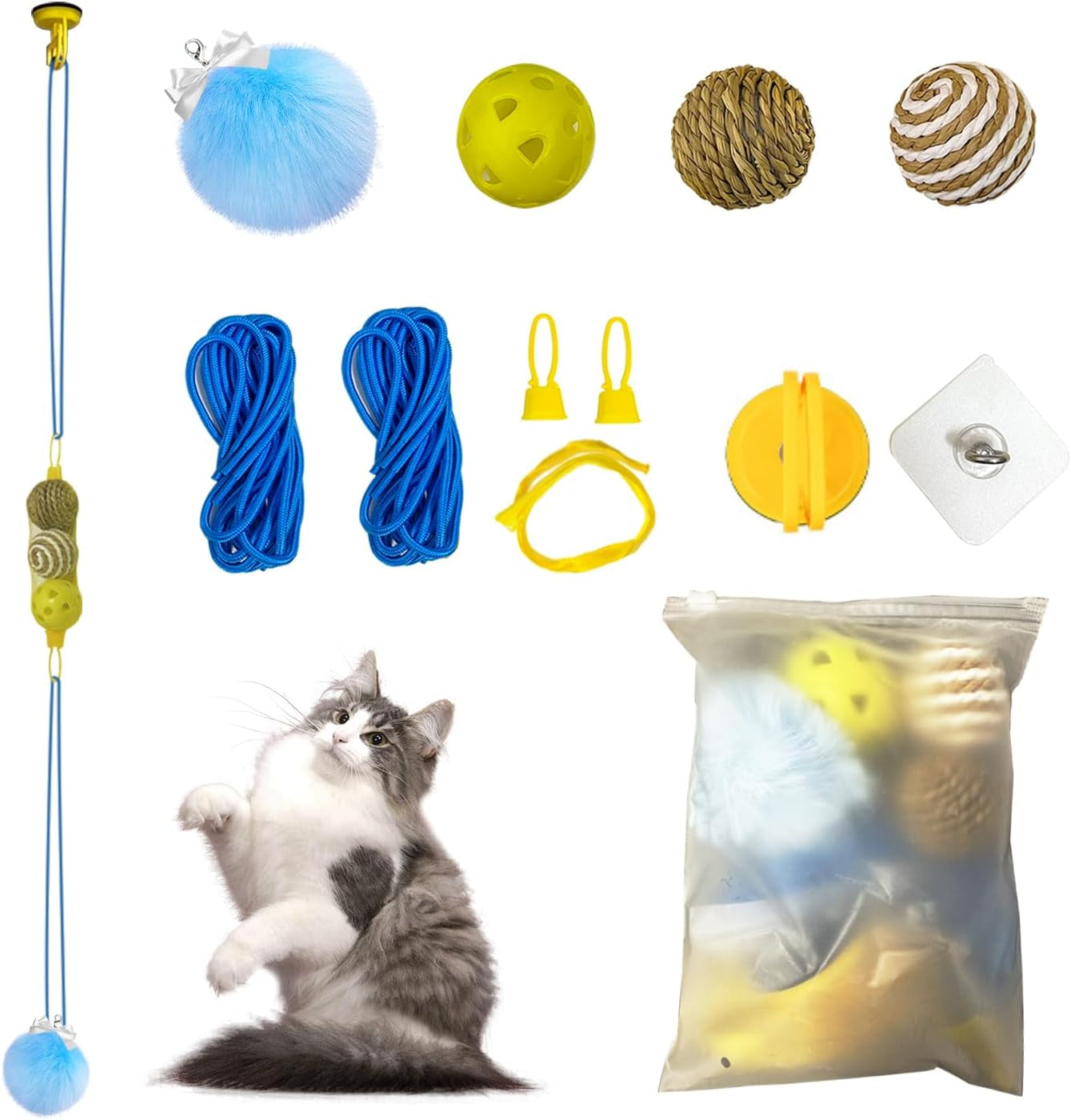 11 PCS Cat Toys Set, Cat Toys for Indoor Cats Interactive Cat Toys Hanging Kitten Toys, Cat Bell Balls Teaser Ball Chase and Exercise for Kitty Cat Gift for Cat Birthday