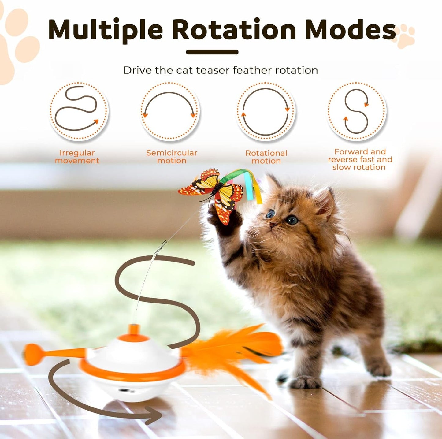 3 in 1 Cat Toys, Automatic UFO Interactive Kitten Toy, Upgraded Moving Cat Toys with Fluttering Butterfly, Feather, LED Light, Pet Exercise Rechargeable Toy for Indoor Cats(Orange)