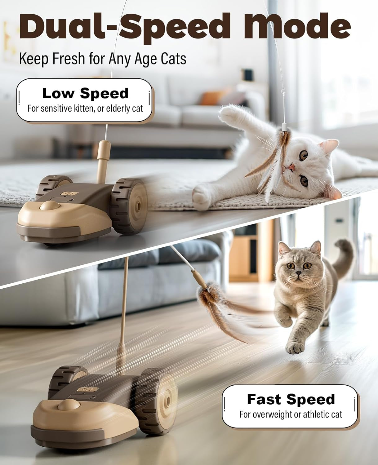 3-In-1 Interactive Cat Toy - 2-Speed Automatic Moving Mouse Cat Toys Self Play with 2Pcs Hanging Feather String Ribbon and Wiggly Silicone Mice Tail for Bored Indoor Adult Cats Kittens