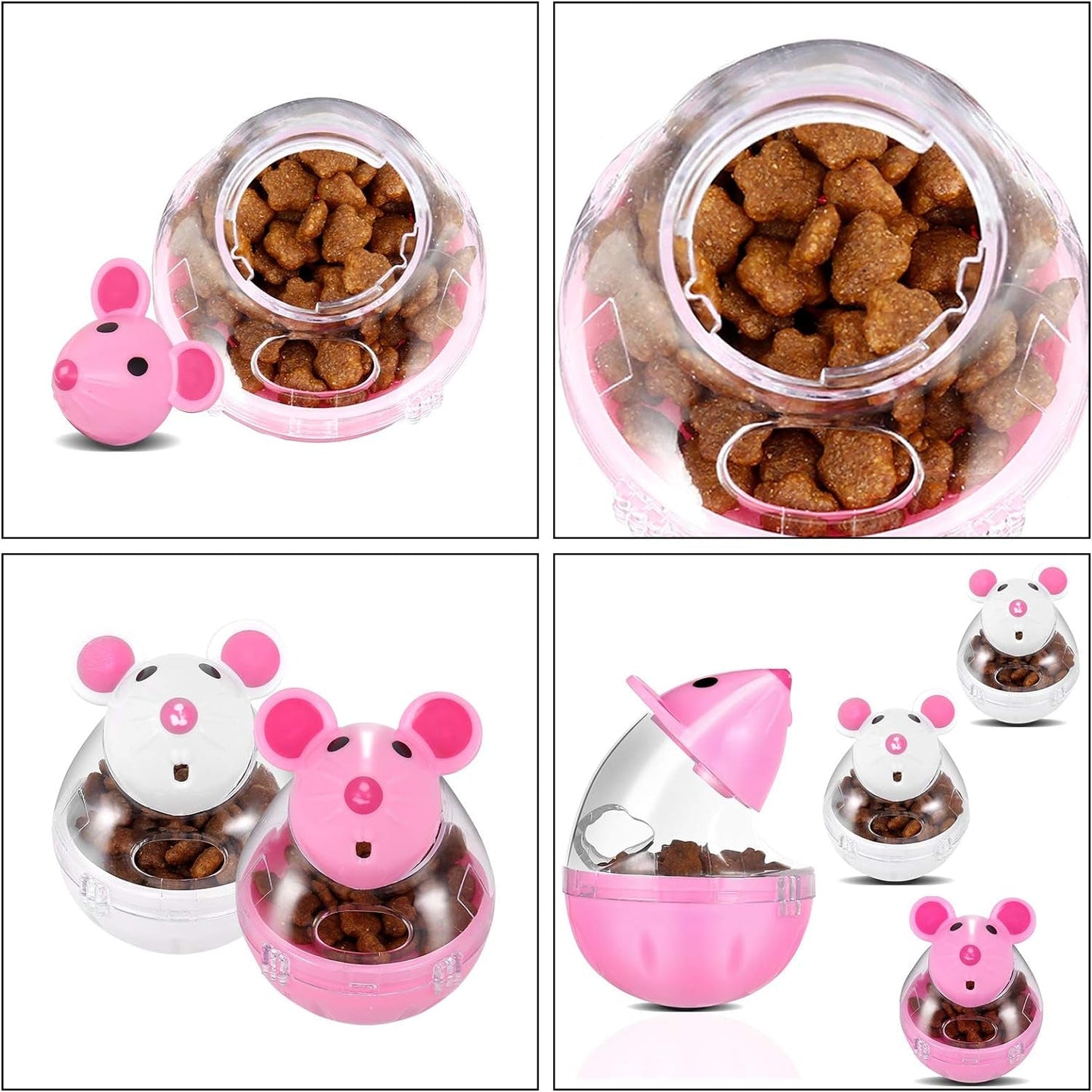 4 Pcs Cat Food Ball Dispenser, Small Cat Food Balls Slow Feeder Mice Shaped Tumbler Cat Food Toy Cat Treat Toy Feeder Toy for Interactive Training(Pink,White)