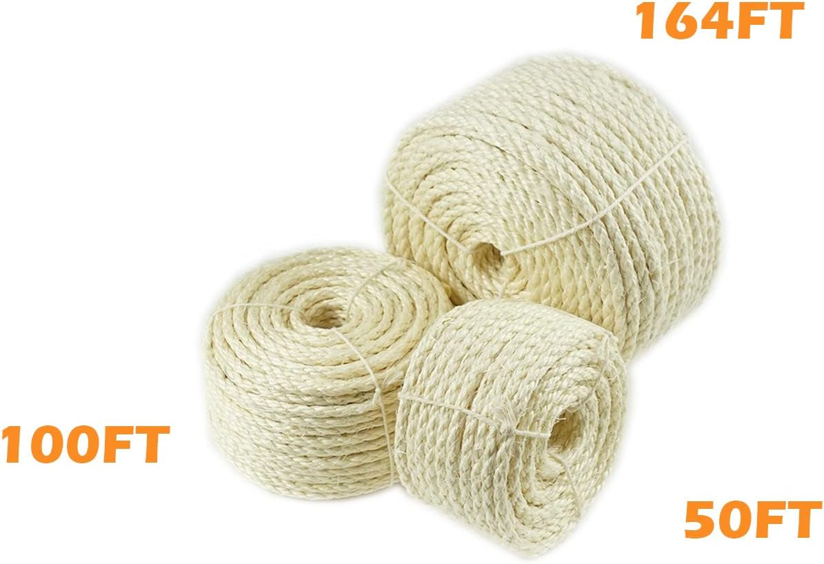 Natural Sisal White Rope for Cat Scratcher Scratching Post Replacement 1/4 Inch Cat Tree Sisal Rope for Repairing, Recovering or DIY Cat Scratcher 50/100 / 164 Feet