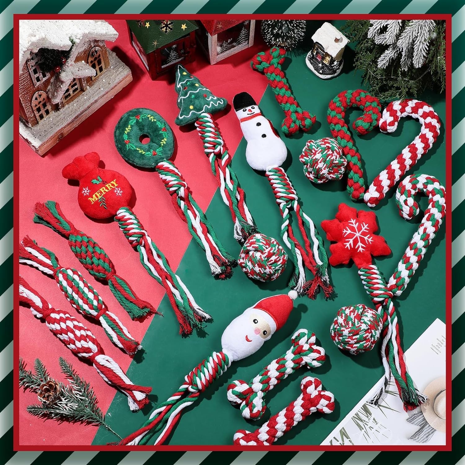 30 Pcs Christmas Dog Chew Toys Puppy Dog Rope Toys Bone Shape Candy Cane Assorted Styles Dog Tug of War Toys for Aggressive Chewers Small Medium Large Breed Pet Teething