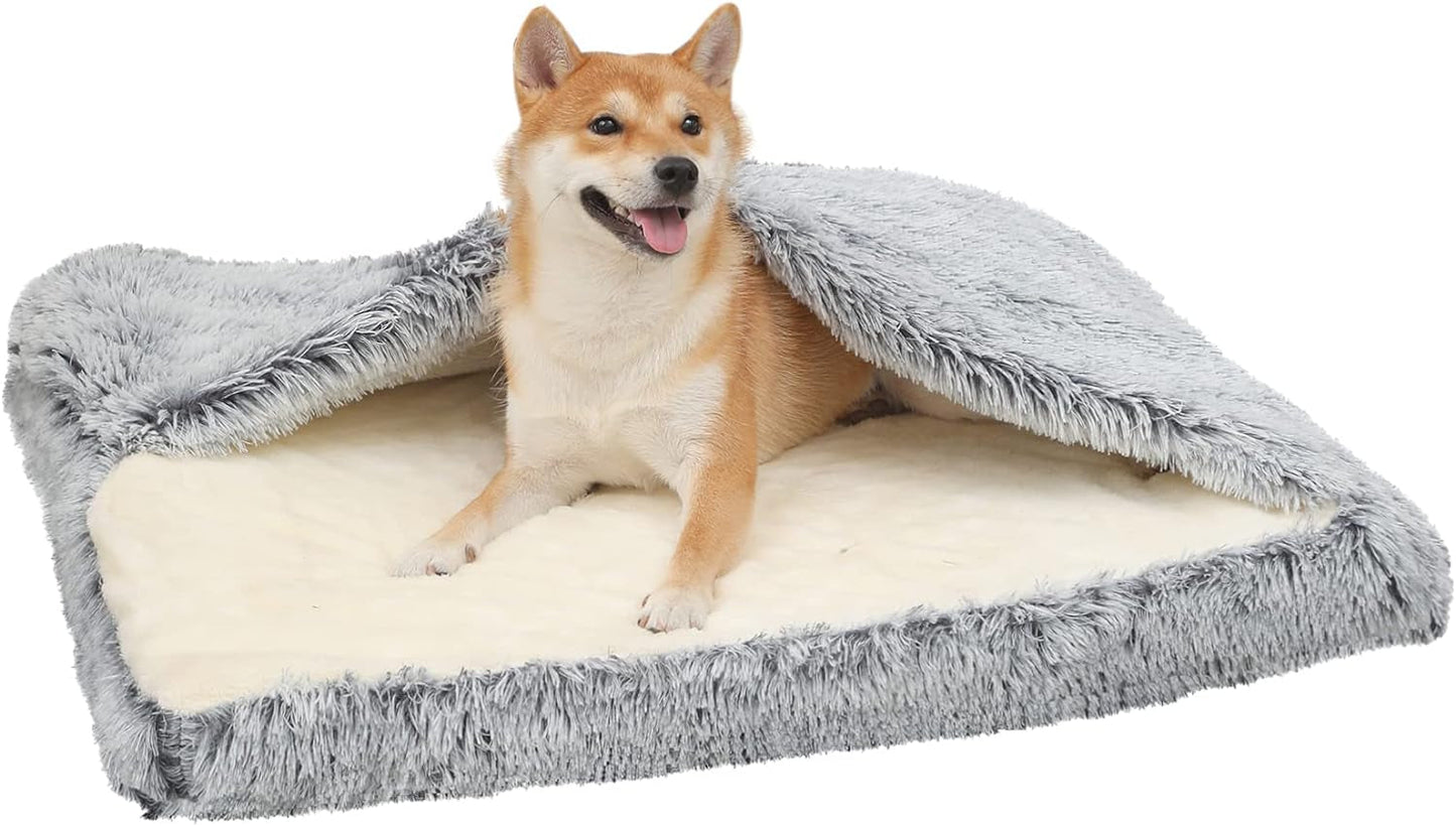 Dog Bed with Cover Cave, Orthopedic Dog Bed with Blanket, 33.5 * 27.6'' Rectangle Pet Crate Bed Cozy Cuddler Mat, Anti-Anxiety Memory Foam Calming Pad for Puppy Cat with Removable Washable Cover