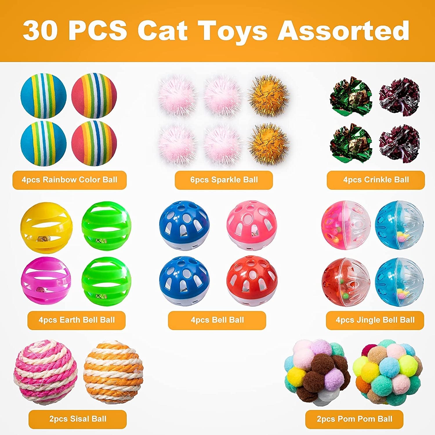 30Pcs Cat Ball Toys Cat Kitten Chew Toys Balls with Bell Cat Crinkle Ball,Rainbow Ball,Sparkle Ball, Bell Balls, Sisal Ball,Pom Pom Ball for Indoor Cats