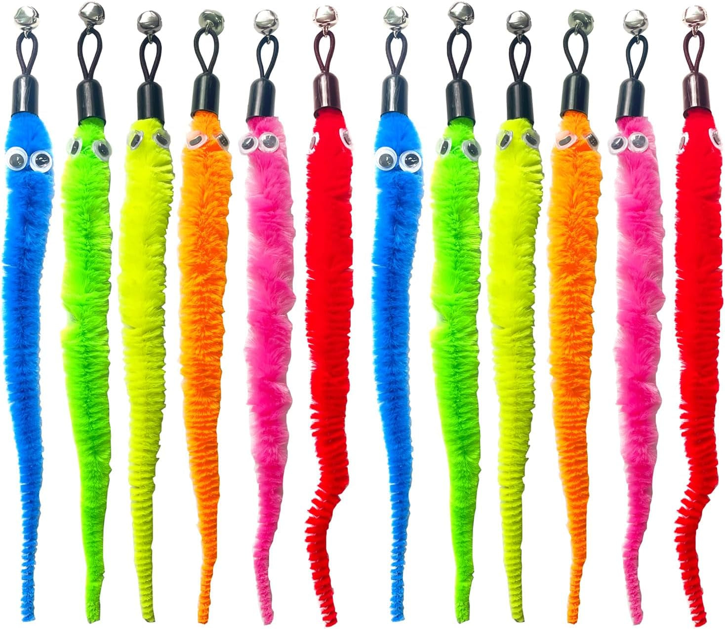 12 Pack Cat Worm Toys Refills, Interactive Cat Toys Wand Attachments with Bells, Cat Feather Toy Replacement, Worm Cat Toy Attachment for Cat Wand, Cat Accessories for Bored Indoor Cats Kitten