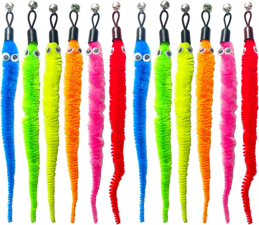 12 Pack Cat Worm Toys Refills, Interactive Cat Toys Wand Attachments with Bells, Cat Feather Toy Replacement, Worm Cat Toy Attachment for Cat Wand, Cat Accessories for Bored Indoor Cats Kitten