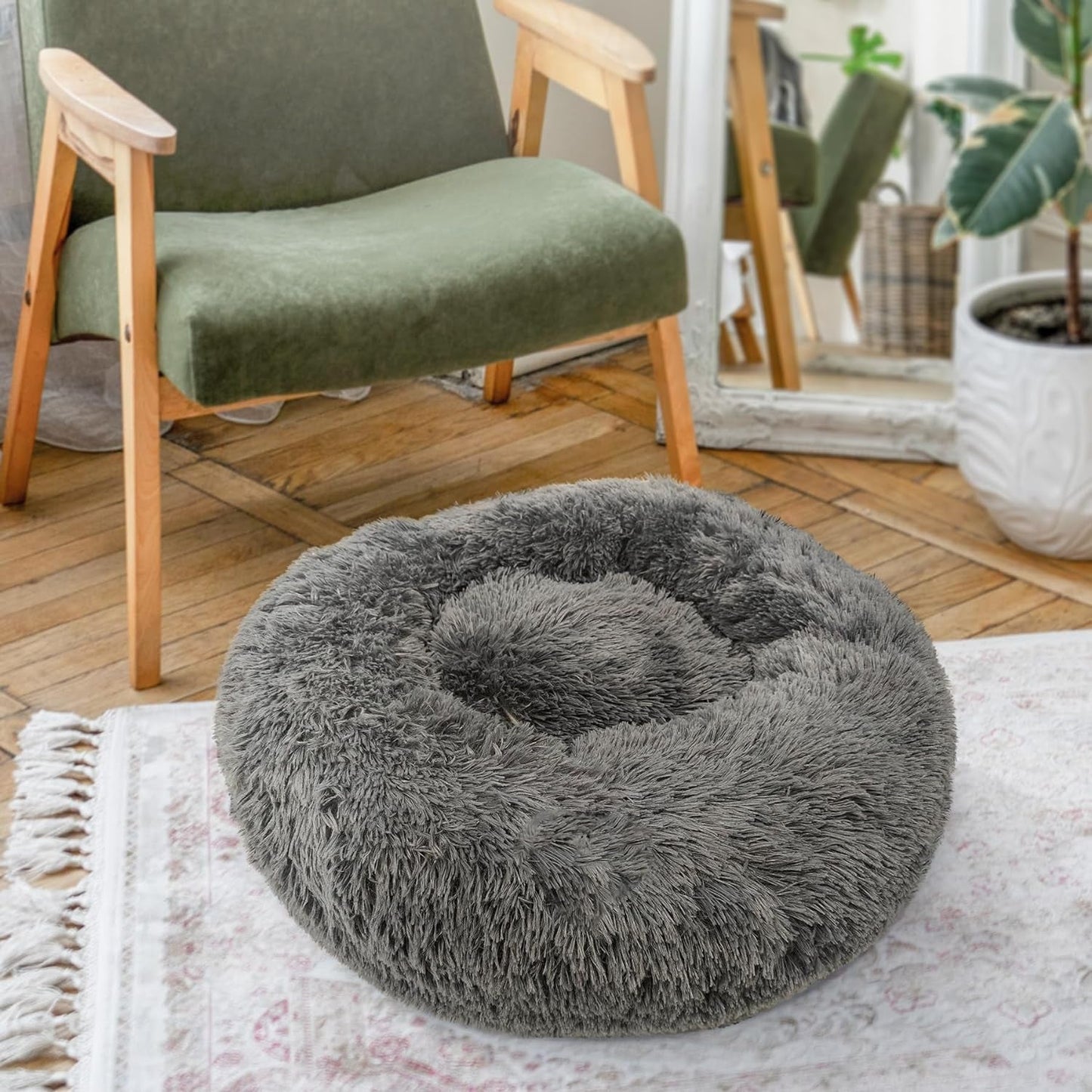 Deluxe Calming Dog Bed for Small Medium Dogs & Cats - Anti-Anxiety Donut Cuddler Cozy Warm Soft Fluffy Faux Fur round Beds Sizes 24" Puppy Bed (Dark Grey, Small)