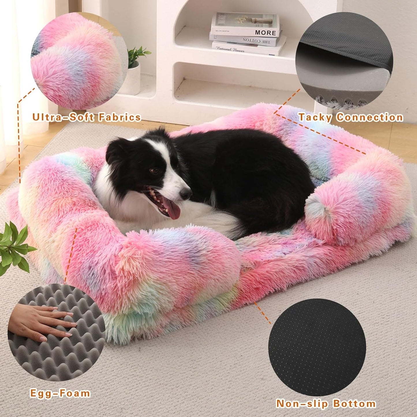 MIAO PAW Warming Fluffy Orthopedic Dog Beds for Large Dogs,Dog Bed with Plush Thick Egg Foam Support and Non-Slip Bottom,Large Waterproof and Machine Washable Pet Bed Cover (Rainbow)