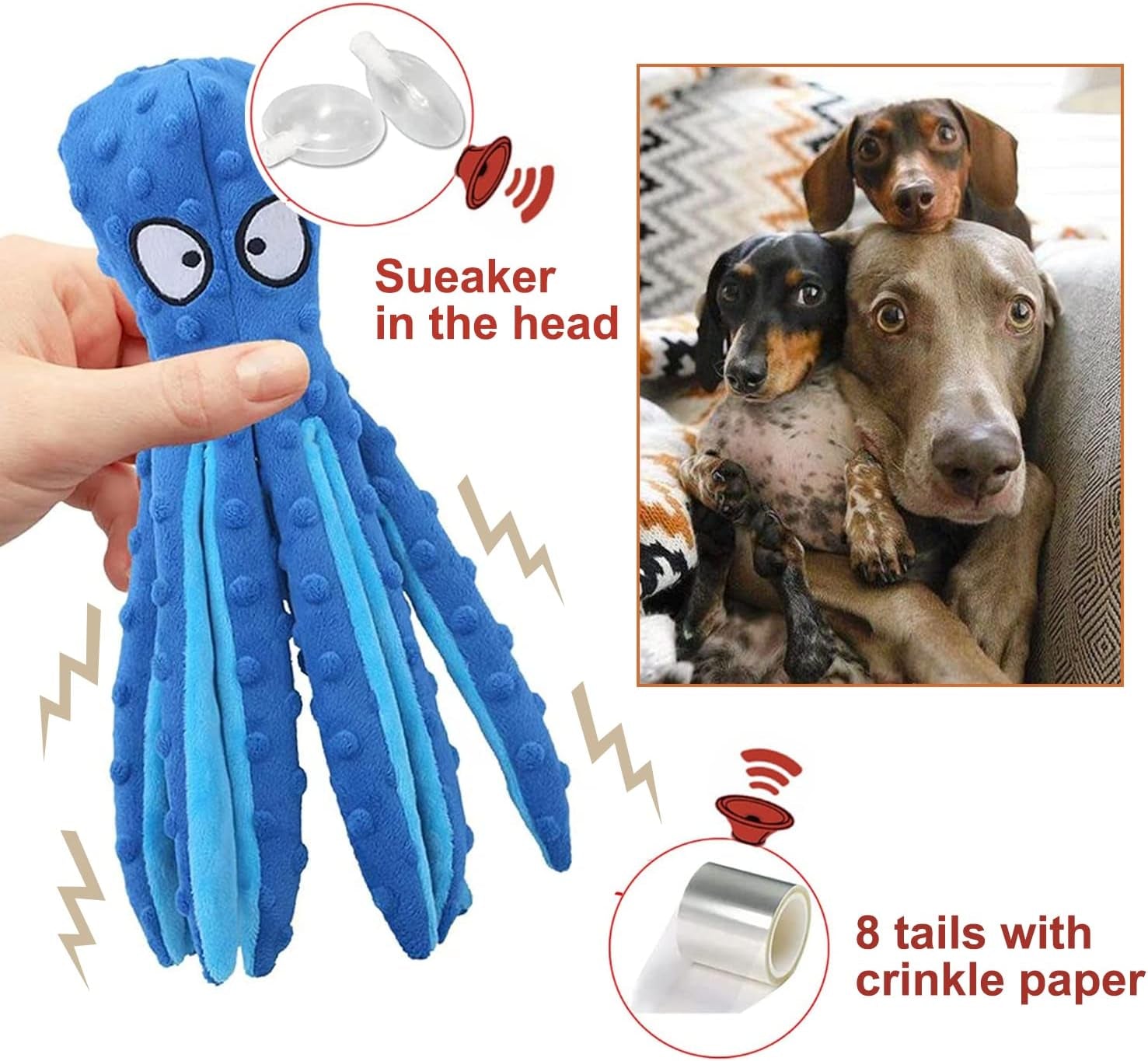 3 Pack Octopus Dog Squeaky Toys with Crinkle Paper- No Stuffing Dog Chew Toy for Puppy Teething- Soft & Durable Plush Crinkle Interactive Tots Toy for Small Medium Large Dogs (Blue+Orange+Purple)