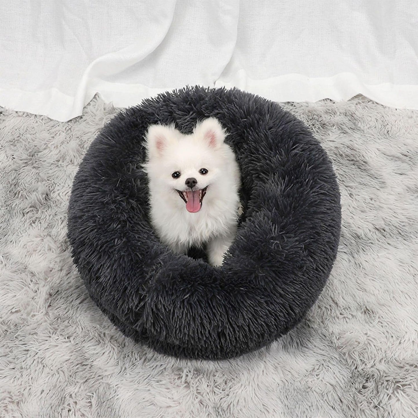 Cat Beds for Indoor Cats, 20 Inches Cat Bed Calming Plush Cat Bed Anti-Slip round Fluffy Dog Bed Donut Dog Bed Soft Puppy Pet Bed Cat Beds for Small Medium Dogs Kittens (Dark Grey)