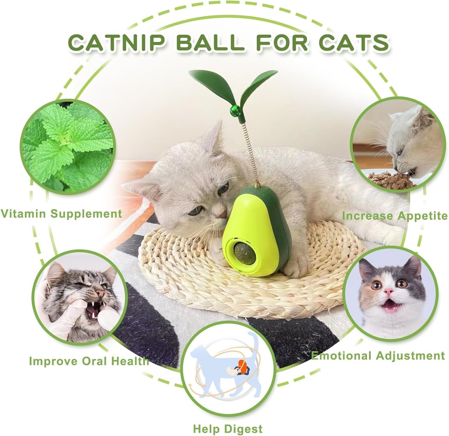 3-In-1 Interactive Cat Toys for Indoor Cats, Catnip Toys for Cats with Feather Cat Toy Wand & Cat Treat Dispenser, Tumbler Avocado Cat Puzzle Feeder, Funny Kitten Toys