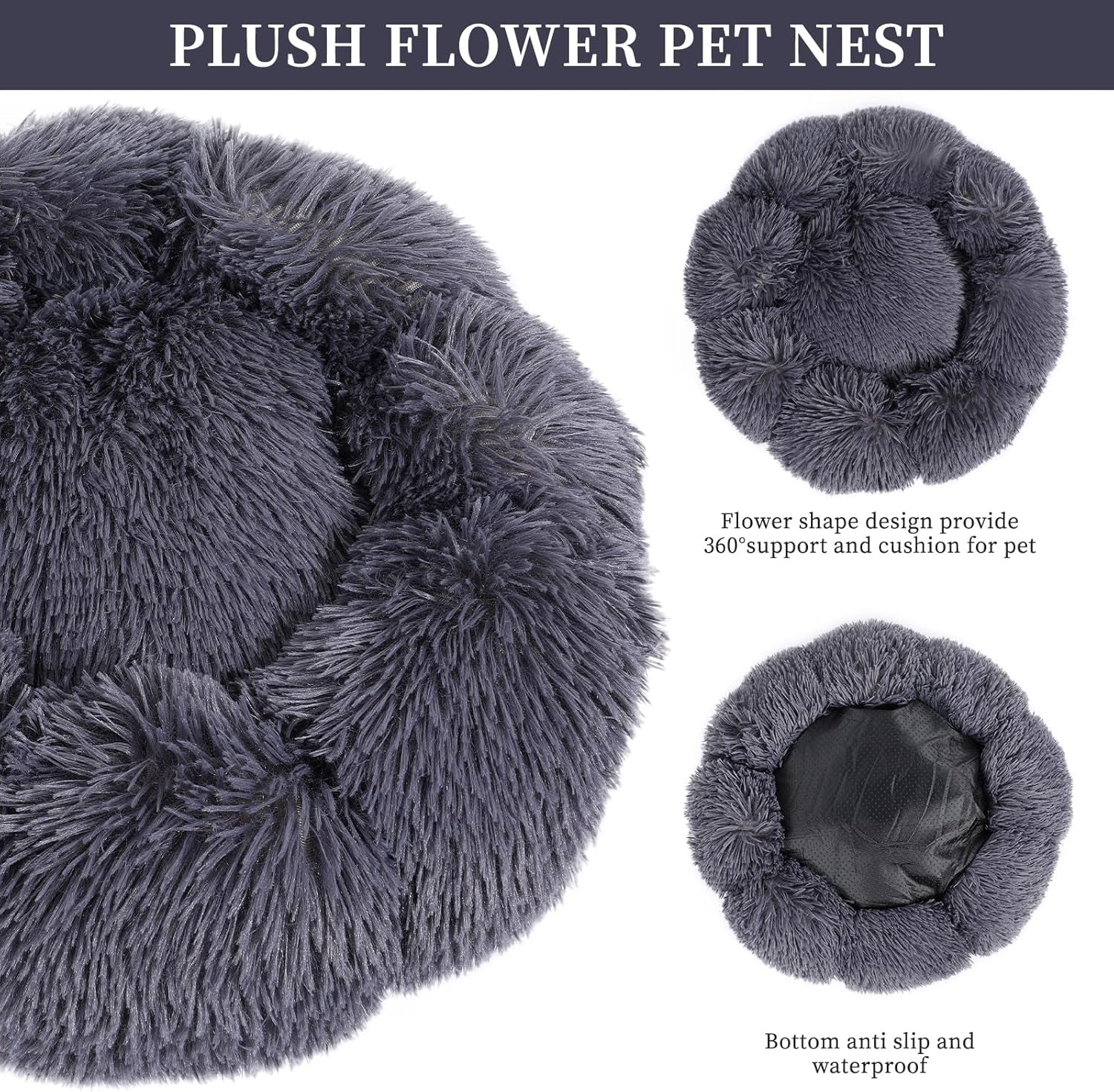 20 Inch Small Dog Bed Cute round Dog Cat Bed, Washable Puppy Kitten Cuddler Beds Dog Donut Bed Plush Calming Pet Bed with Anti-Slip Bottom for Small Pets, Dark Gray