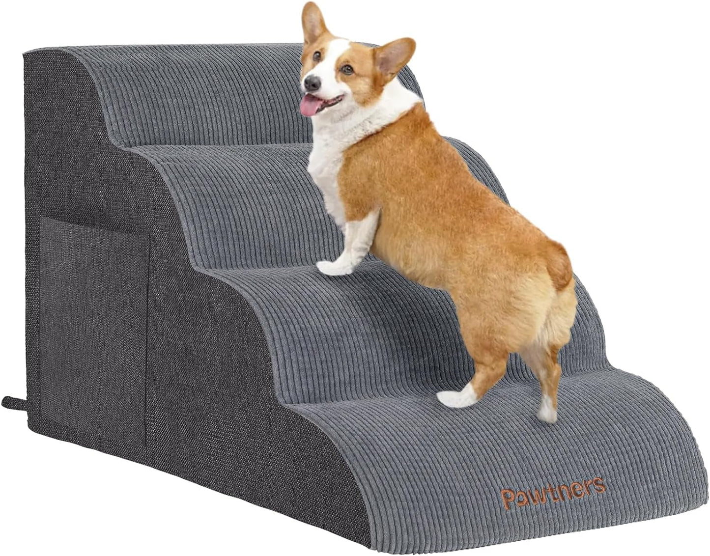 Dog Stairs for Small Dogs: Pawtners 4 Steps Dog Ramp for High Bed, Foam Pet Stairs for Large Cat and Medium Dogs, Dog Steps for Dogs to Get on Bed for Couch Sofa Bed Grey