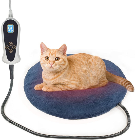 Cat Heating Pad,Heated Cat Bed Indoor Electric Warming Cat Bed,Upgraded Adjustable Controller,Waterproof Kitten Heating Pad with Chew Resistant Steel Cord(Pvc,Round-Ø15.5Inch)