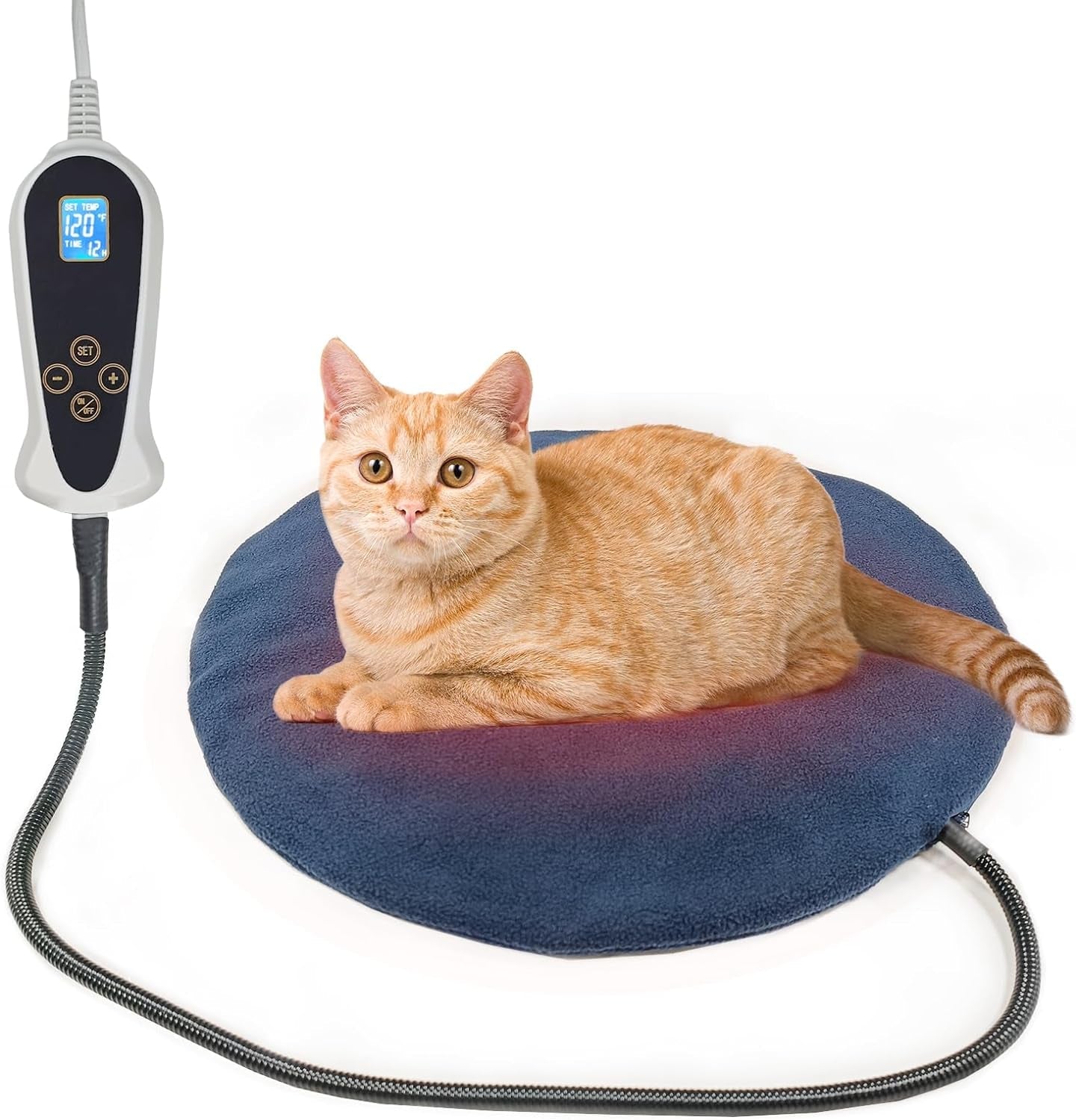 Cat Heating Pad,Heated Cat Bed Indoor Electric Warming Cat Bed,Upgraded Adjustable Controller,Waterproof Kitten Heating Pad with Chew Resistant Steel Cord(Pvc,Round-Ø15.5Inch)