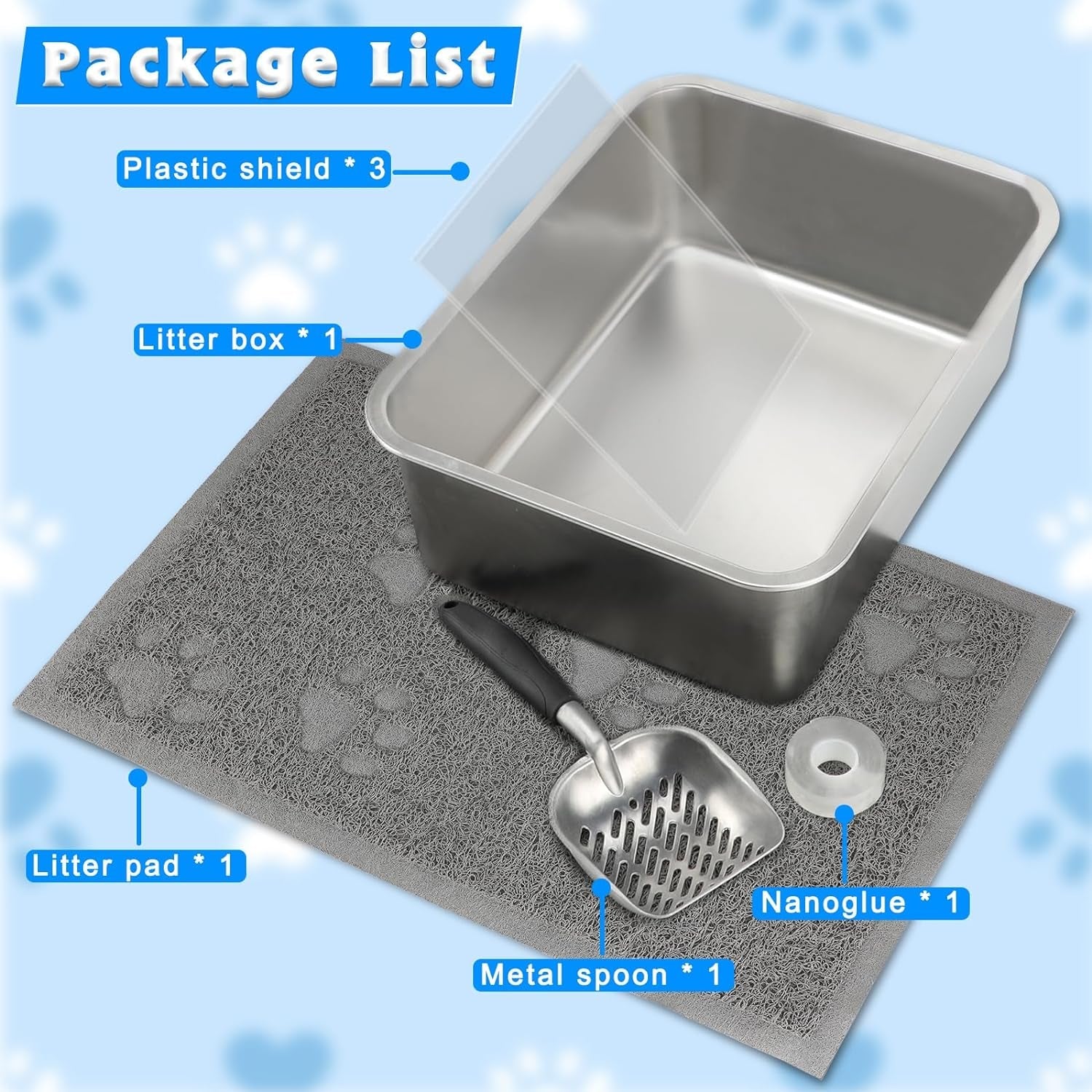 YUEPET 1 Set Stainless Steel Cat Litter Box with High Sides, Durable Metal Cat Litter Basin Pan Easy to Clean Cat Litter Tray for Odor Control with Cat Litter Scoops Cat Litter Mats 17.5"X13.6"X6"