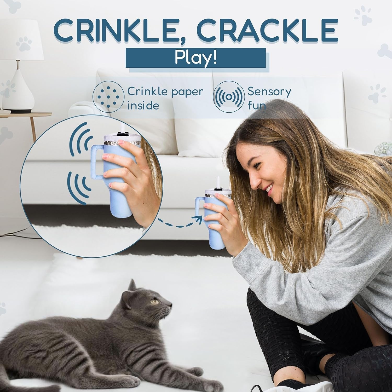 Kitty Kollection | Plush Kitty Cup Tumbler Catnip Toy with Crinkle Paper – Trendy, Cute, Funny Parody Cat Toy (Chambray Blue)