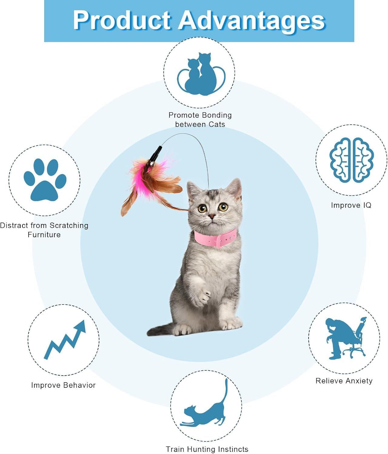 2Pcs Cat Collar Toy Attached, Silicone Cat Teasing Wand Adjustable Cat Feather Collar Toys with Bell Cat Interactive Teaser Toys for Indoor Cat Playing Training (Pink, Blue)