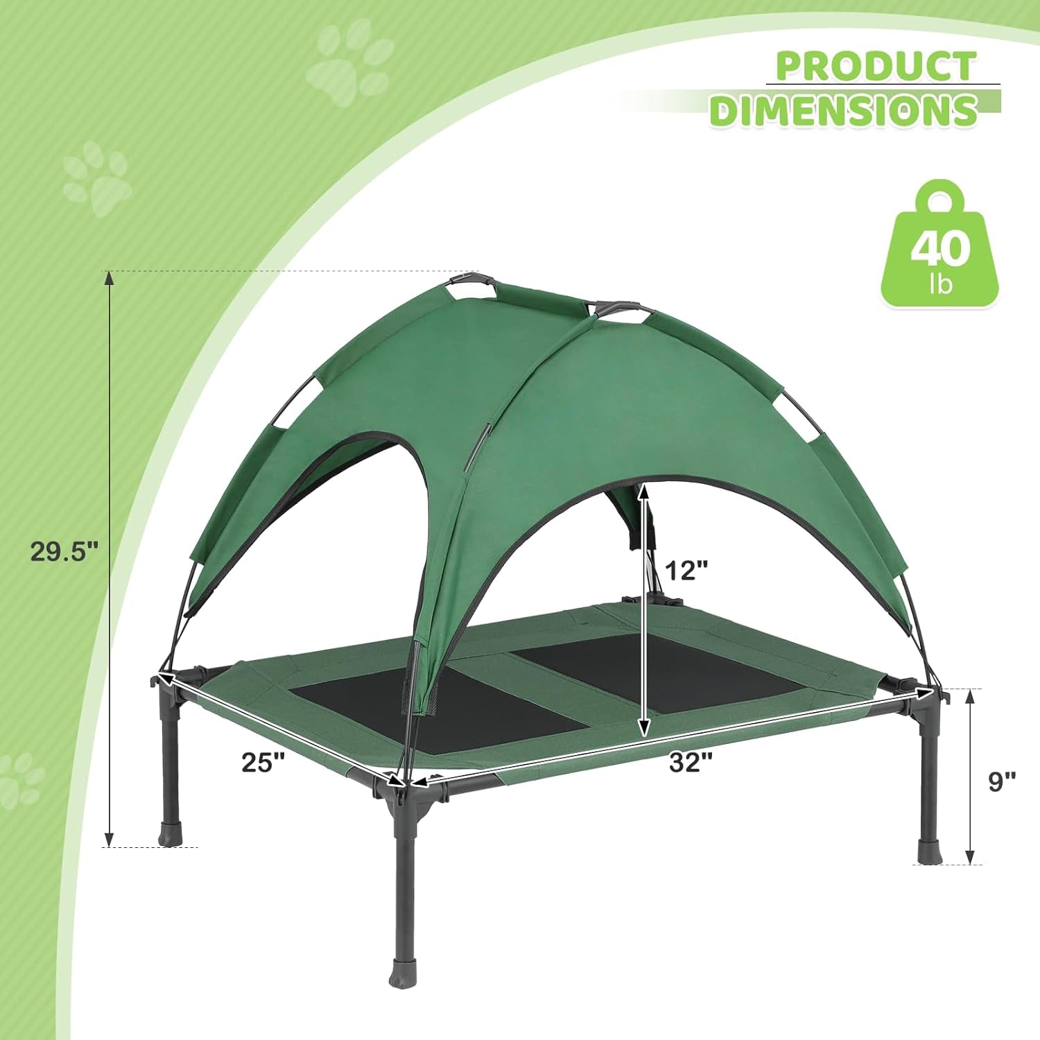 Magshion Elevated Dog Bed with Canopy Raised Indoor/Outdoor Cooling Breathable Mesh Pet Cot Bed for Small Dogs and Cats, Green