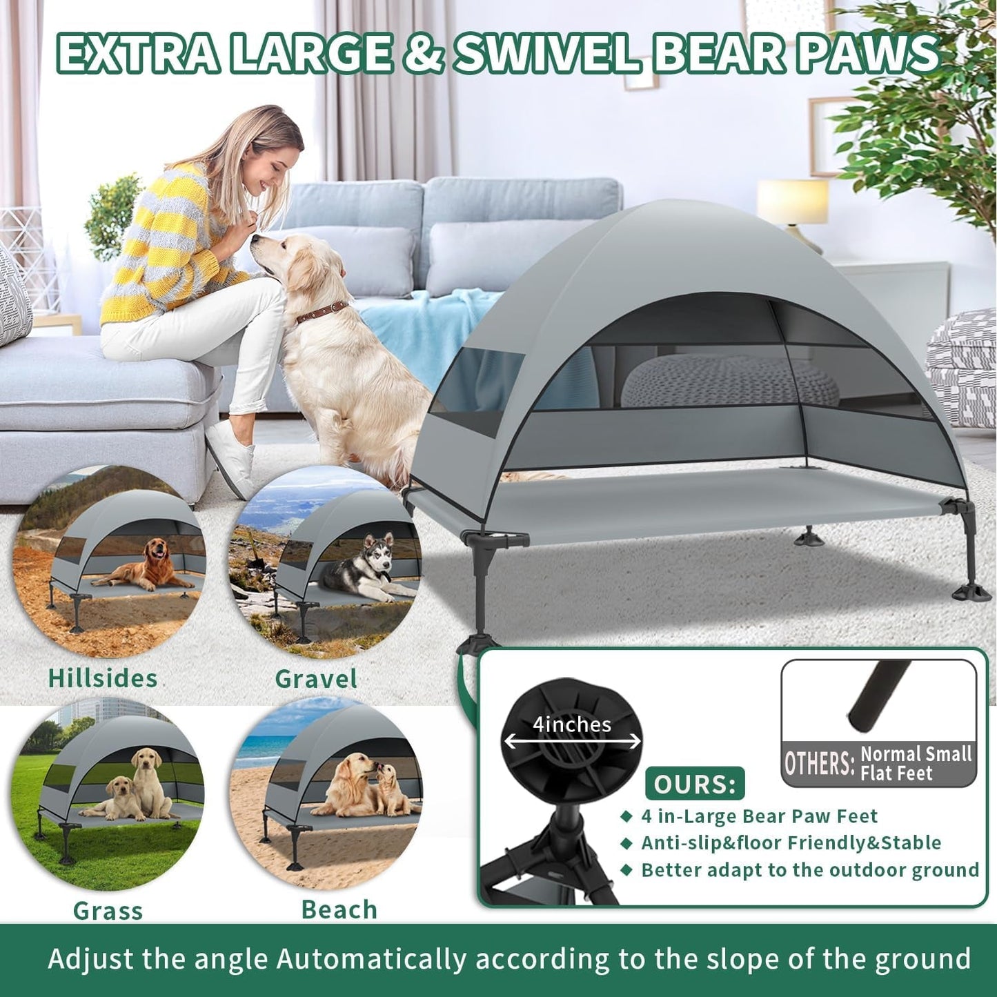 Elevated Dog Bed with Canopy, Raised Outdoor Dog Cot with Stable Anti-Slip Feet, Pet Bed with Removable Canopy Shade Tent, Dog Bed for Large Dog Indoor Outdoor (Grey, 42.0" L X 30.0" W X 33.0" Th)