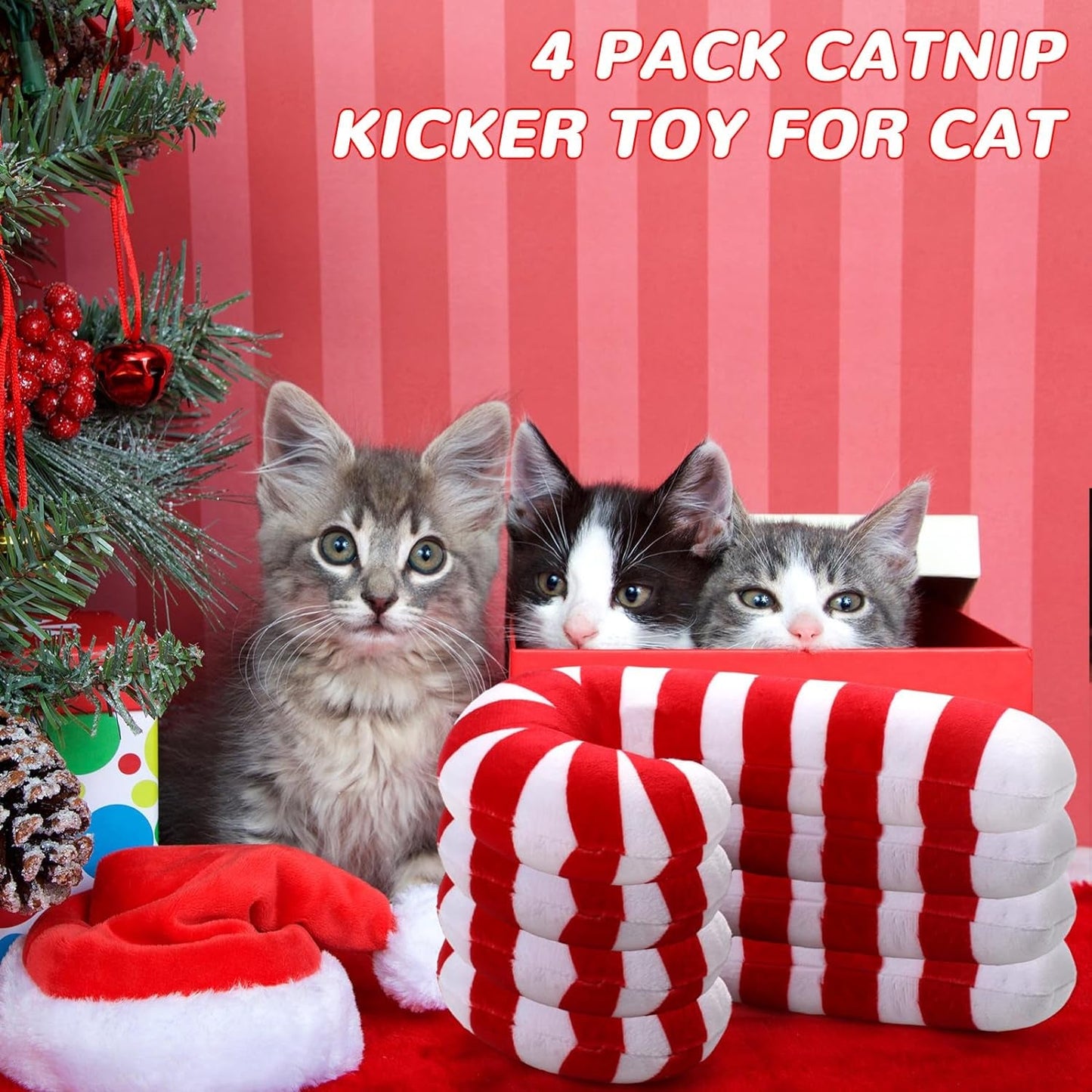 4 Pcs Christmas Catnip Cat Toys Gifts Cat Kicker Toy Peppermint Candy Cane Resistant Cat Toy Catnip Filled Toys for Cat Teeth Chew Durable Cat Pillow Gift for Indoor Cat Kitten 8 Inch