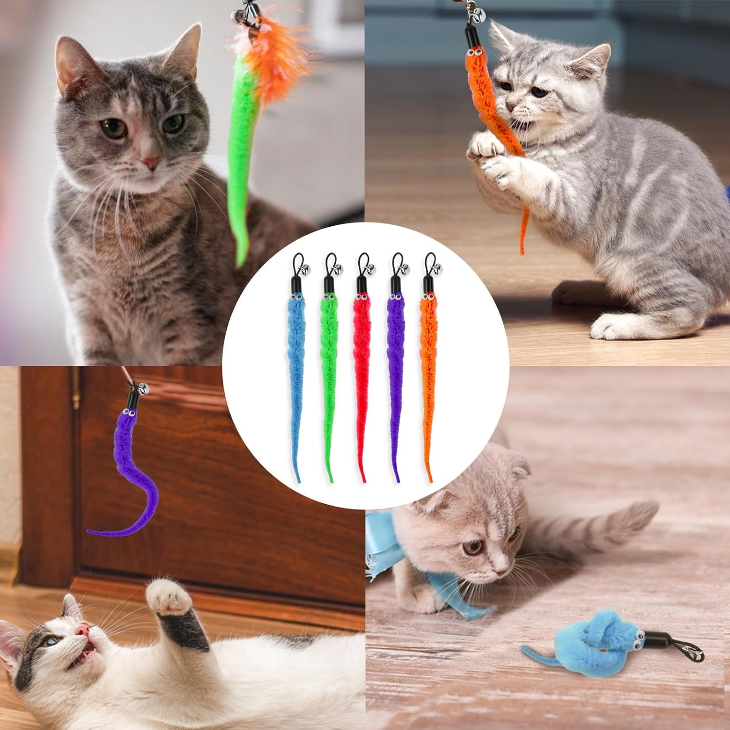 15 Pcs Cat Teasers Wand Toys Cat Worm Toy Cat Worms Refill Cat Wand Replacement Refill Furry Worm Toy with Bells for Cat Small Pet Interactive Supplies